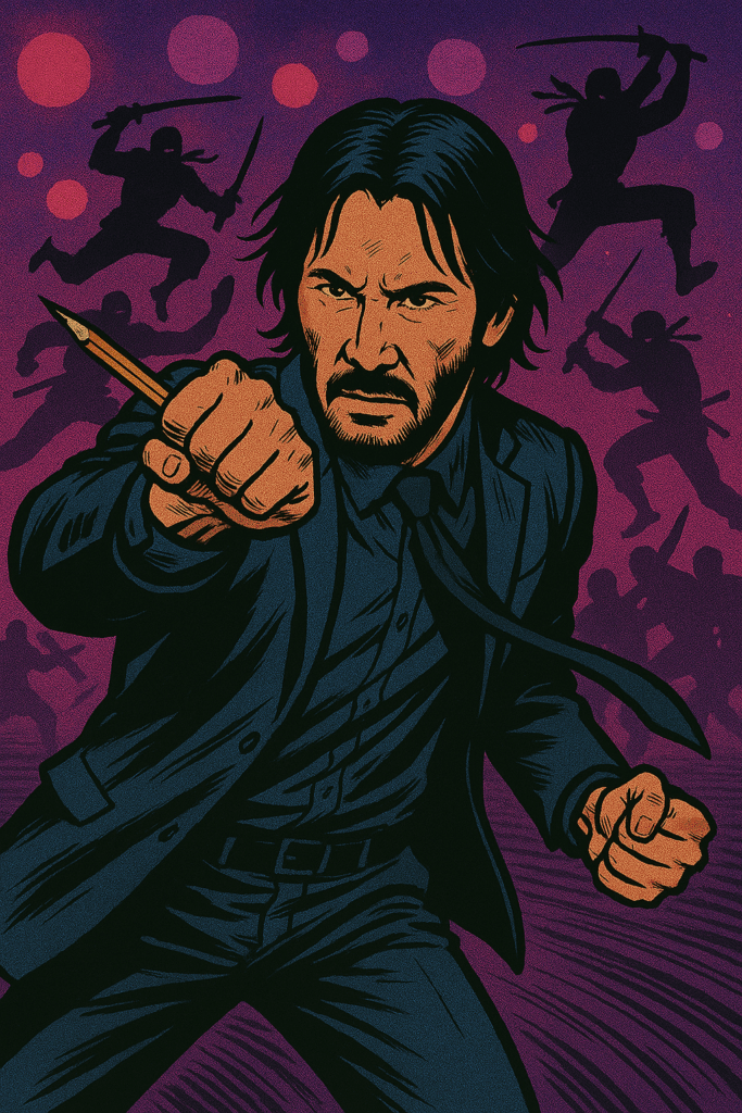 Comic book-style image of John Wick in a nightclub, holding a pencil as a weapon, with silhouetted ninjas fighting in the colorful neon-lit background.