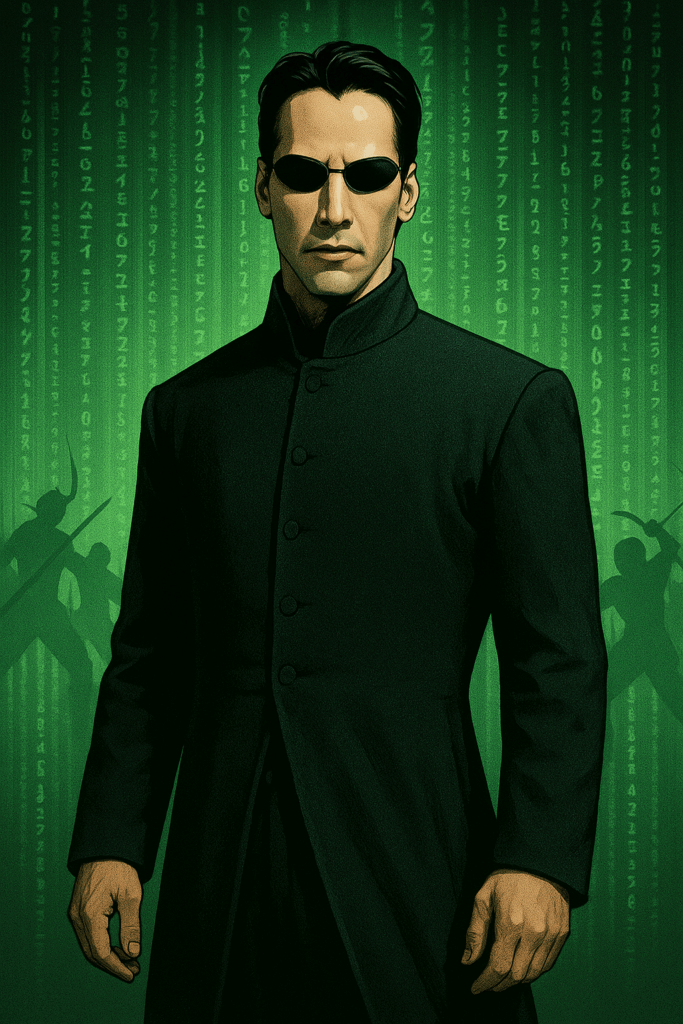 Illustration of Neo from The Matrix wearing a black trench coat and dark sunglasses, standing in front of cascading green digital code with a confident, stoic expression.