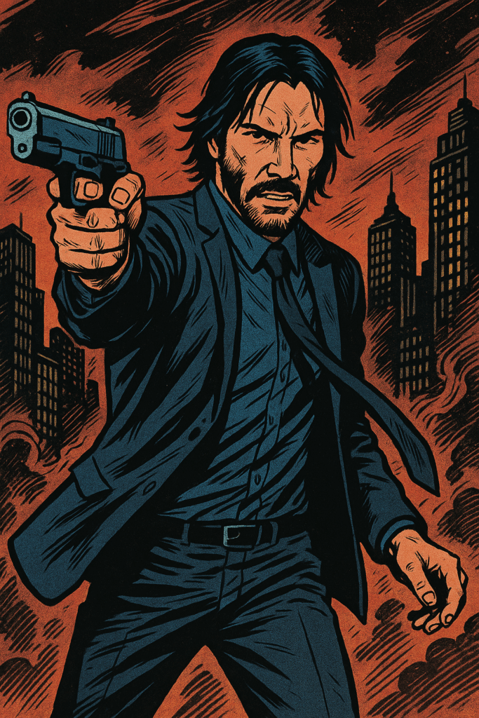 Comic book illustration of John Wick in a dark suit aiming a pistol against a fiery cityscape background.