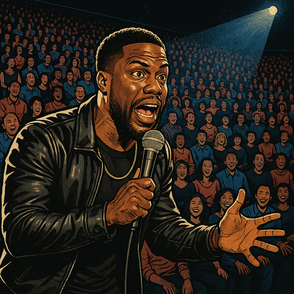 Kevin Hart performing stand-up comedy on stage, gripping the microphone with energy as a massive audience bursts into laughter.