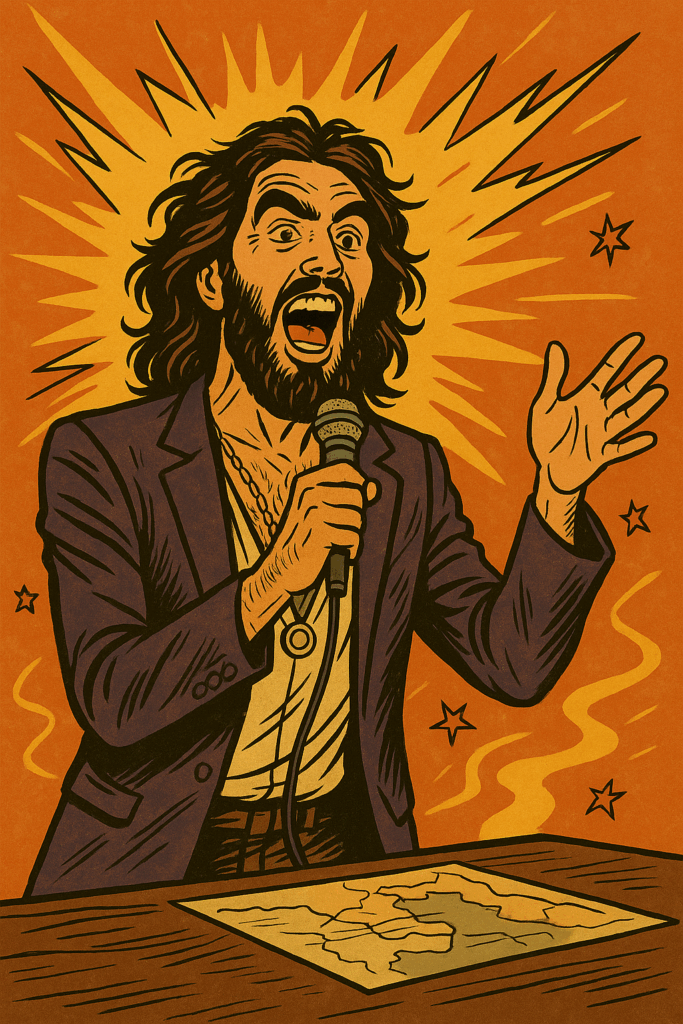 Russell Brand animated on stage with a microphone, radiating flamboyant ENFP energy and charisma.