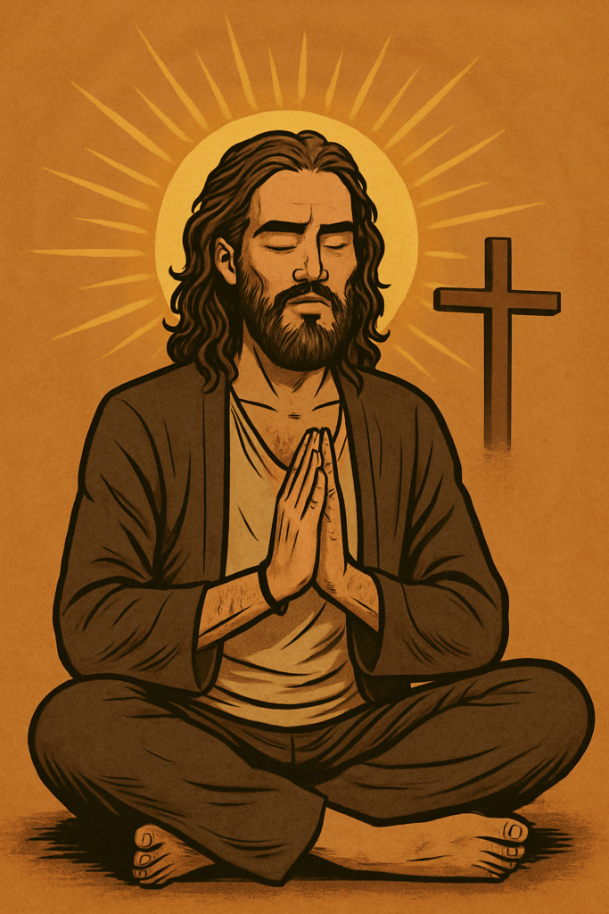 Russell Brand sitting in meditation with hands in prayer, a radiant glow behind him and a cross symbolizing his spiritual transformation.