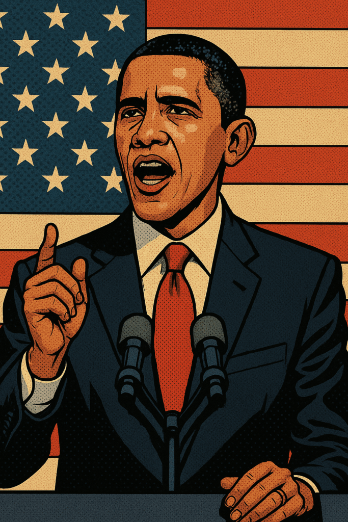 Barack Obama delivering a speech with a confident and engaged expression, captured in a vibrant, high-energy style that reflects his ENFJ personality—charismatic, empathetic, and inspiring—addressing a crowd to unite people toward a shared vision.