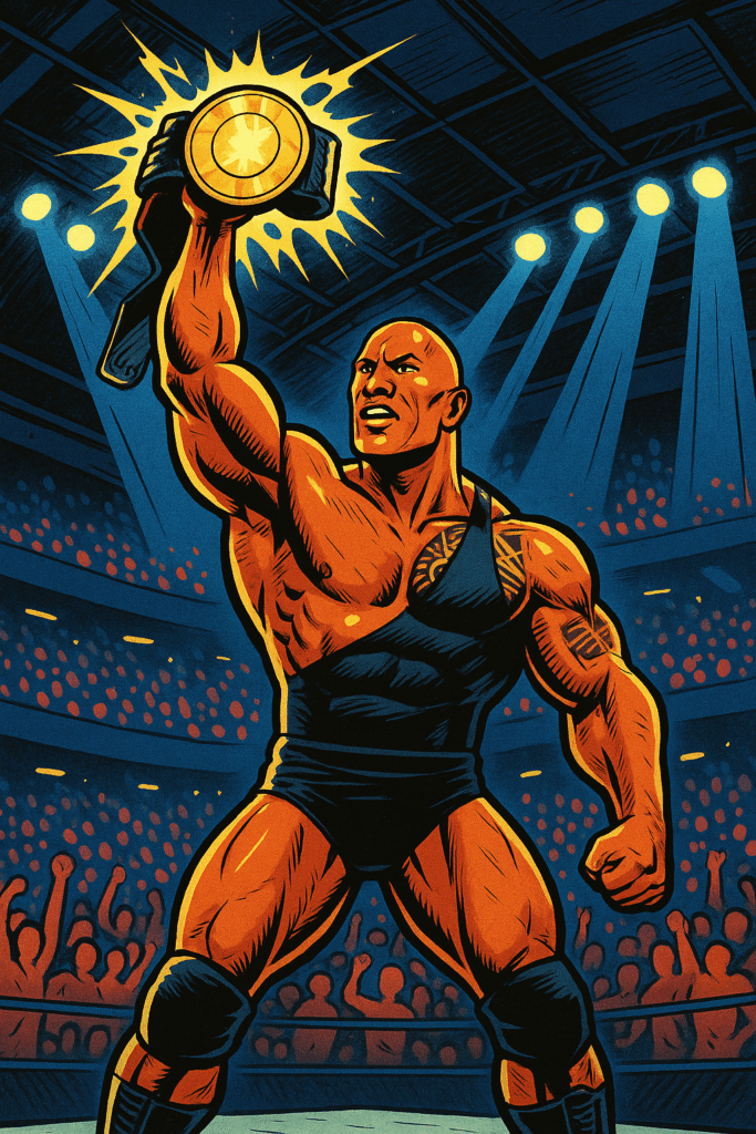 Dwayne Johnson, ENFJ personality type, standing as a wrestling champion in a packed arena, raising a glowing belt under bright lights with the crowd roaring.
