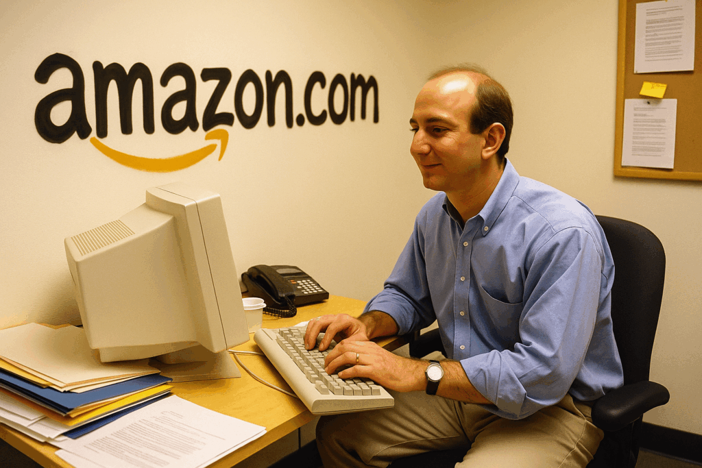 Jeff Bezos sitting at his modest desk in Amazon’s first office, with “Amazon.com” spray-painted on the wall behind him.