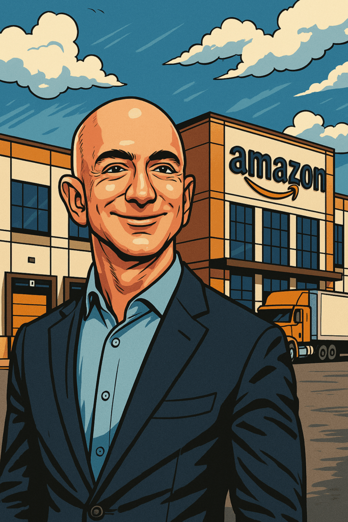Jeff Bezos in front of an Amazon warehouse, representing his ISTJ personality with discipline, structure, and long-term vision.