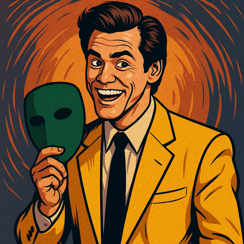 Jim Carrey holding a solid green mask while dressed in a colorful suit, reflecting his playful ENTJ personality and fearless creativity.
