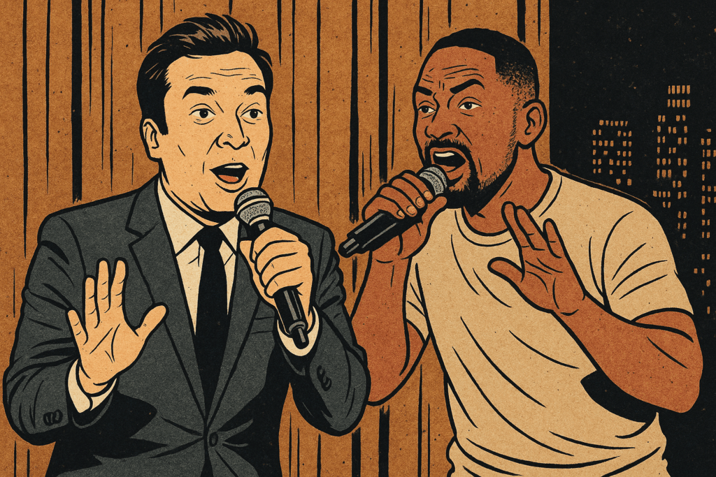 Jimmy Fallon and Will Smith rapping together on stage, capturing Fallon’s ESFP personality with fun, spontaneity, and charisma.