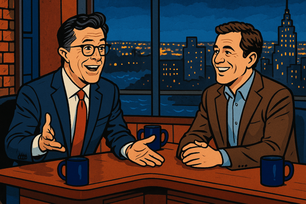 Stephen Colbert, an INFP personality type, animatedly hosting his late-night talk show with a guest, against a colorful city backdrop.