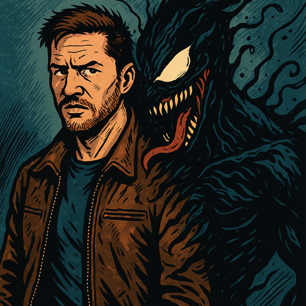 Tom Hardy in a leather jacket with half his body dissolving into swirling shadows with glowing eyes and jagged features.