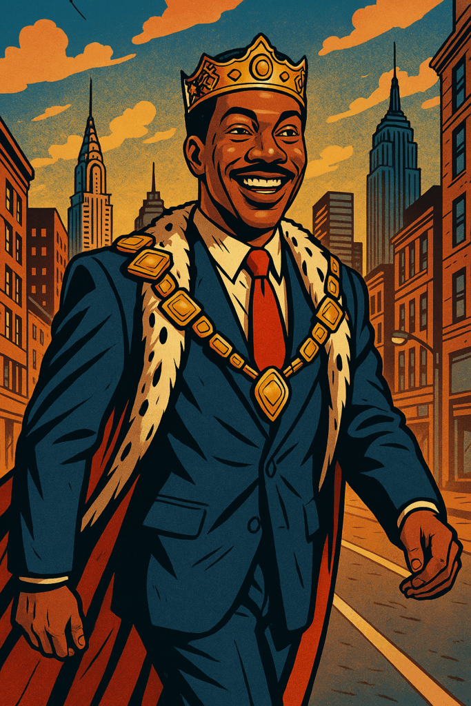 Eddie Murphy as a charismatic prince in royal attire with the New York cityscape in the background, inspired by Coming to America.”