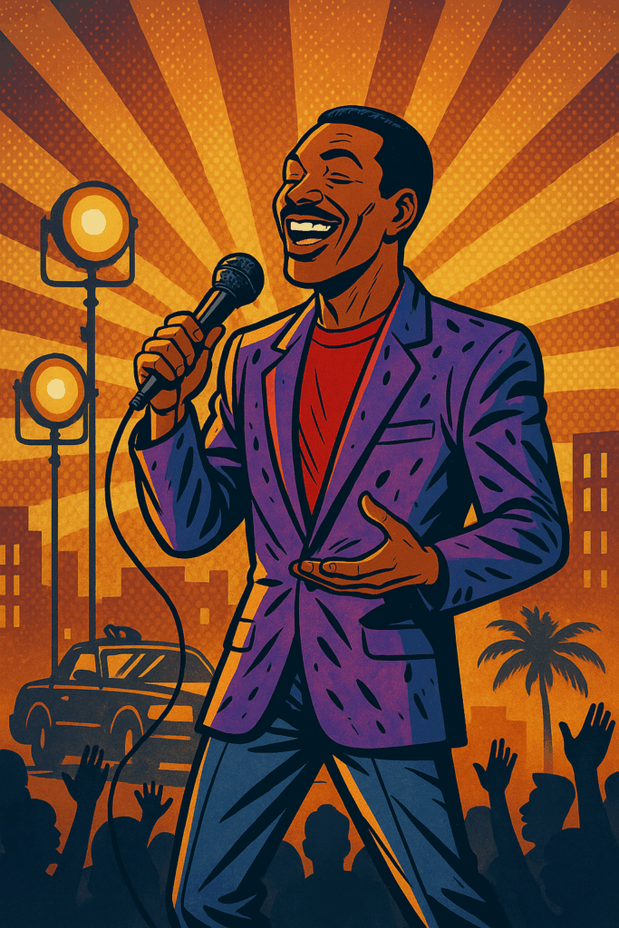 Eddie Murphy on stage in a colorful suit holding a microphone under bright spotlights, with cheering audience silhouettes.