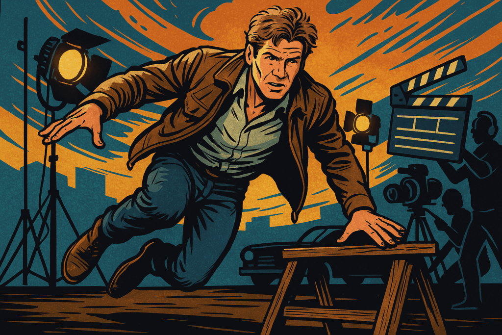 Harrison Ford in a leather jacket swinging on a rope across a lively movie set filled with stone ruins, crates, jungle vines, and film equipment.