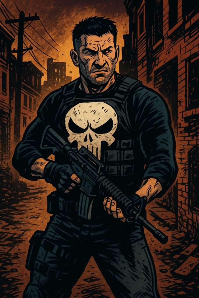 Jon Bernthal in a Punisher-inspired scene as a rugged vigilante in tactical gear with a skull emblem, standing in a dark alley holding a rifle.