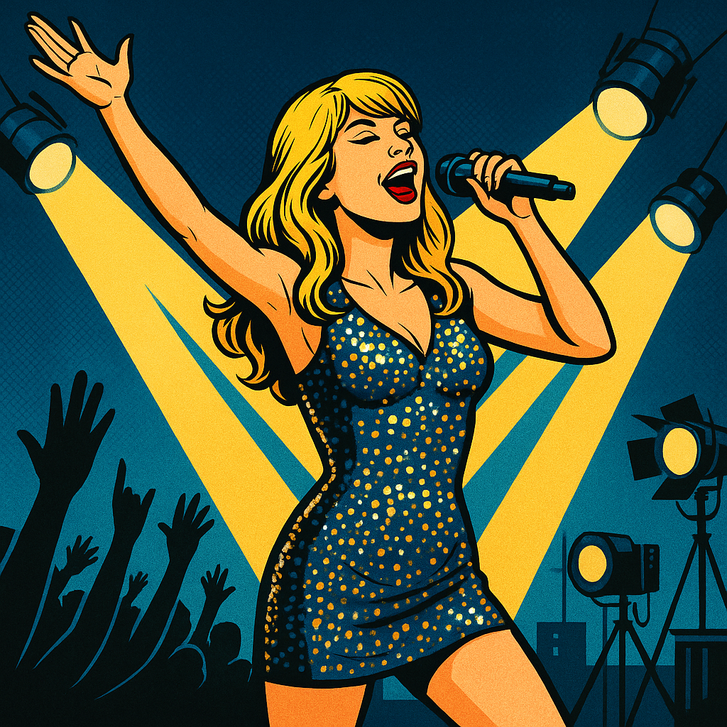 Taylor Swift standing center stage in a sparkling outfit with arms outstretched under bright spotlights, facing a cheering crowd.
