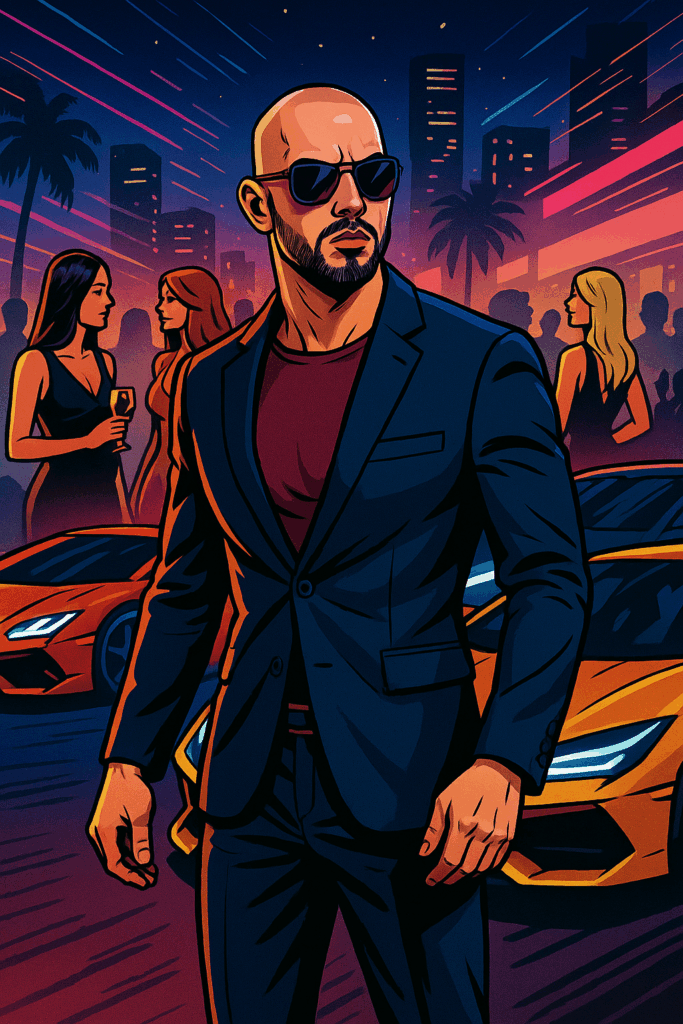 Andrew Tate in a suit and sunglasses standing confidently with multiple luxury sports cars behind him, set against a vibrant nightlife scene.