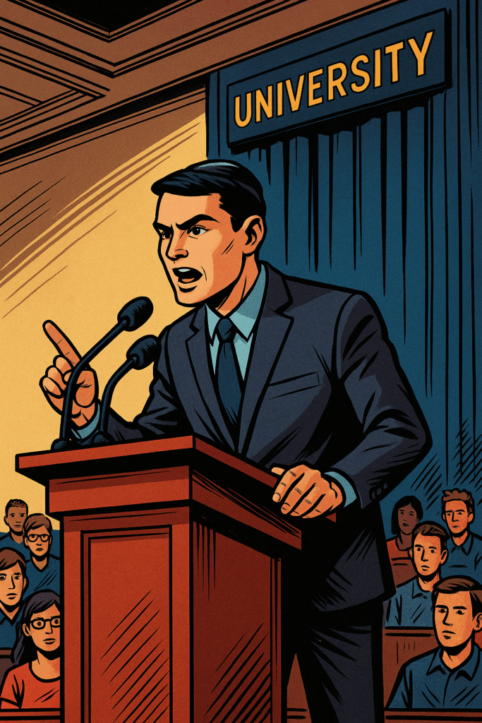 Ben Shapiro in a suit and kippah speaking at a podium during a lively university debate with students watching from the audience.