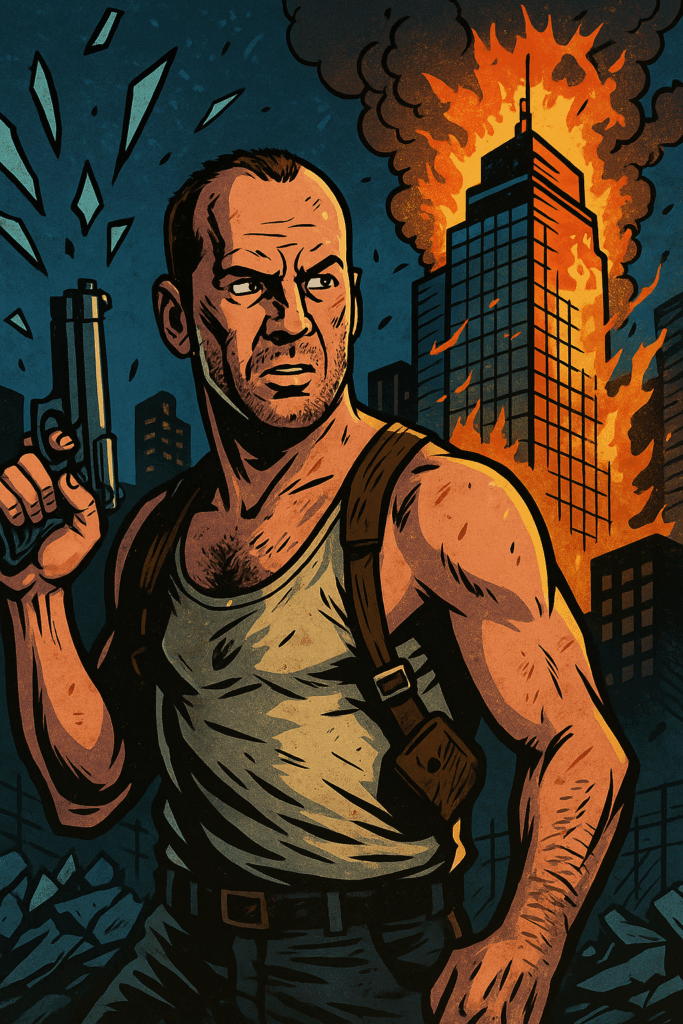Bruce Willis in a Die Hard-inspired scene as a rugged hero in a torn undershirt, holding a pistol inside a high-rise building under siege.
