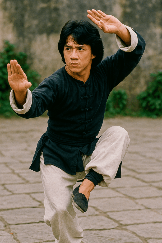 Jackie Chan ESFP in Drunken Master performing a martial arts stance that blends agility, humor, and improvisation.