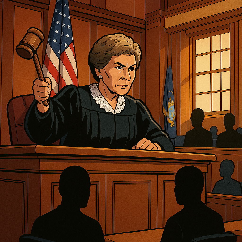 Judge Judy ESTJ striking her gavel in her bright TV courtroom, shown from a diagonal angle with plaintiff and defendant silhouettes.