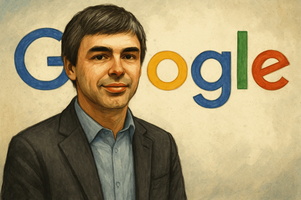 Larry Page INTP personality type standing outside Google headquarters, full-body view with Google logo in the background.