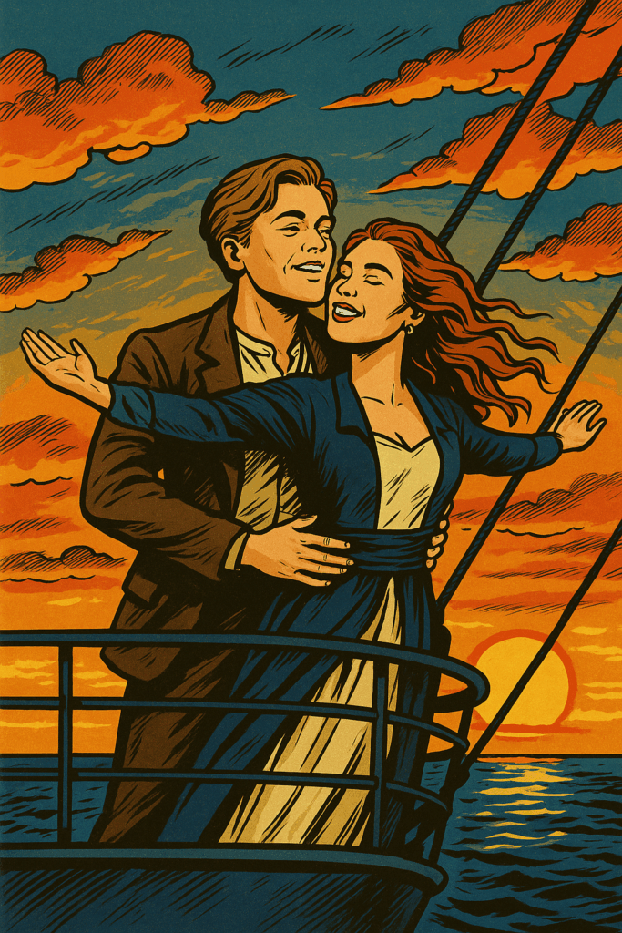 Leonardo DiCaprio as Jack in Titanic-inspired scene with Rose, both standing at the bow of a ship in the iconic arms-outstretched romantic pose.