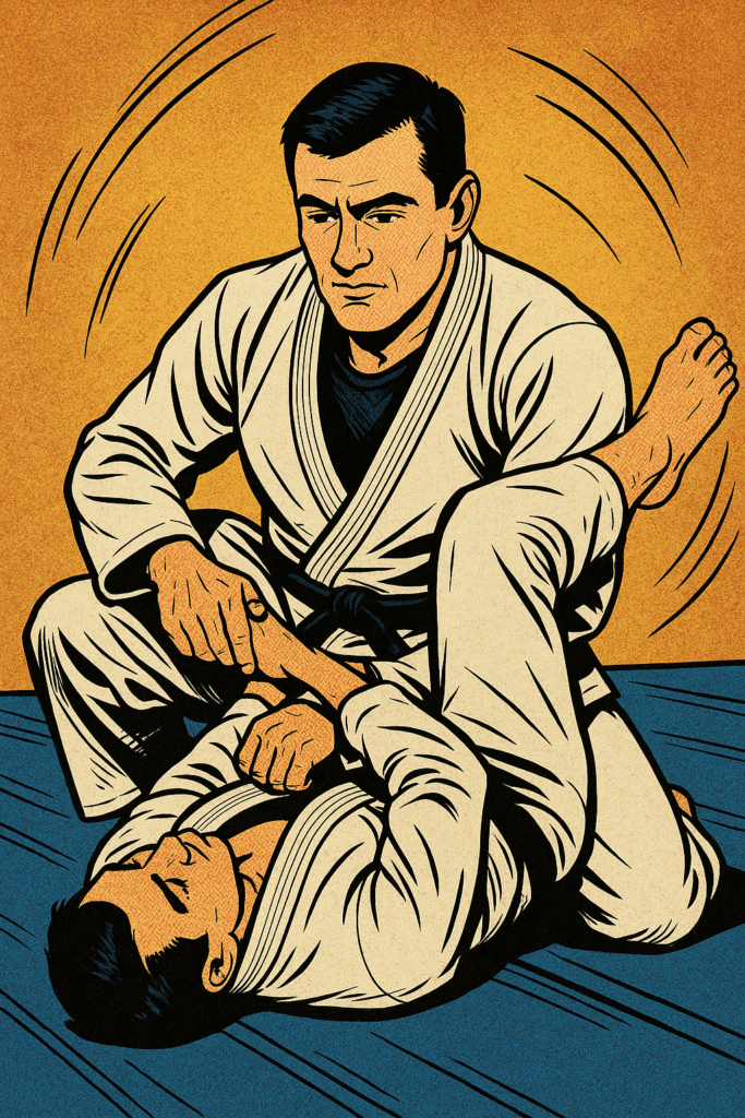 Comic book–style illustration of Lex Fridman, depicted as an INFJ personality type, practicing Brazilian Jiu-Jitsu. Wearing a white gi, he grapples with an opponent on the mat, focused and grounded, symbolizing his use of Extraverted Sensing (Se) in martial arts despite it being his inferior cognitive function.