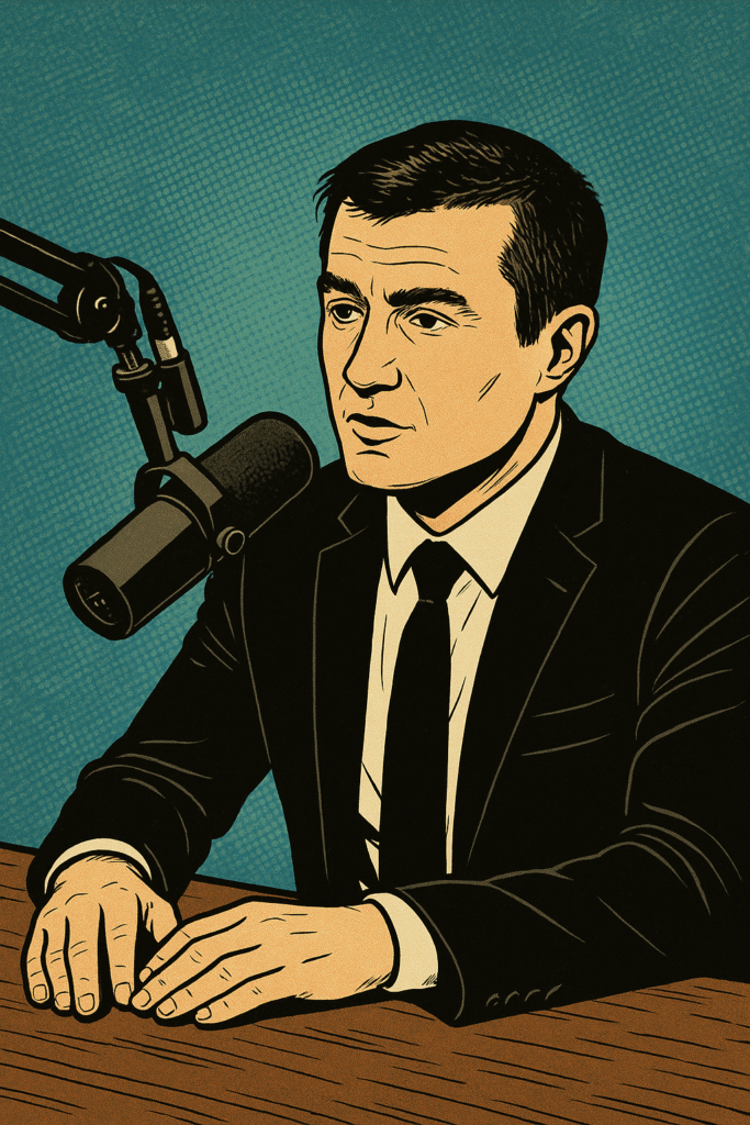 Comic book–style illustration of Lex Fridman, an INFJ personality type, hosting a podcast in a recording studio. He wears his signature black suit and tie, speaking into a microphone with a calm, focused expression, symbolizing his thoughtful and empathetic conversation style.