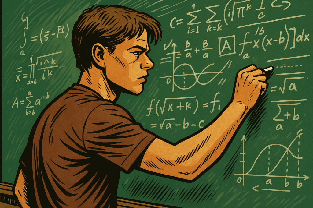 Matt Damon in a Good Will Hunting-inspired scene, standing at a chalkboard filled with complex math equations, focused on solving a problem.