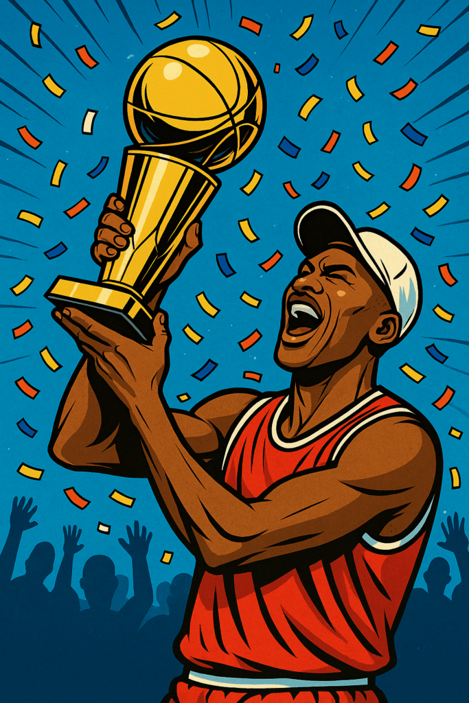 Michael Jordan triumphantly lifting a golden championship trophy with confetti and cheering fans in the background.
