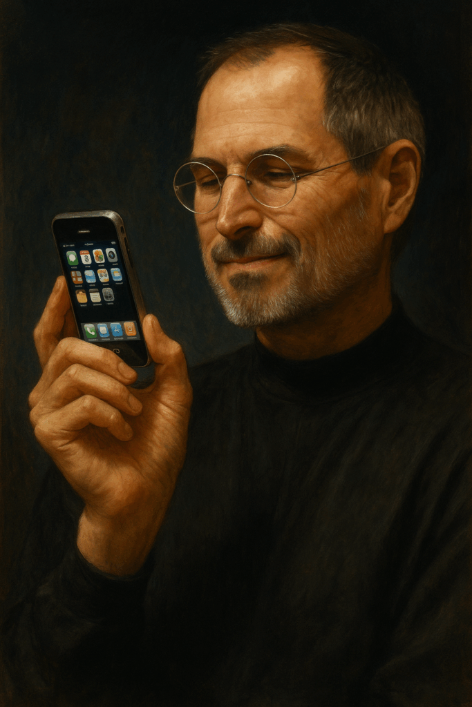 Steve Jobs ISTP personality type holding the first iPhone, gazing at it with admiration in a dramatic Apple-style portrait.