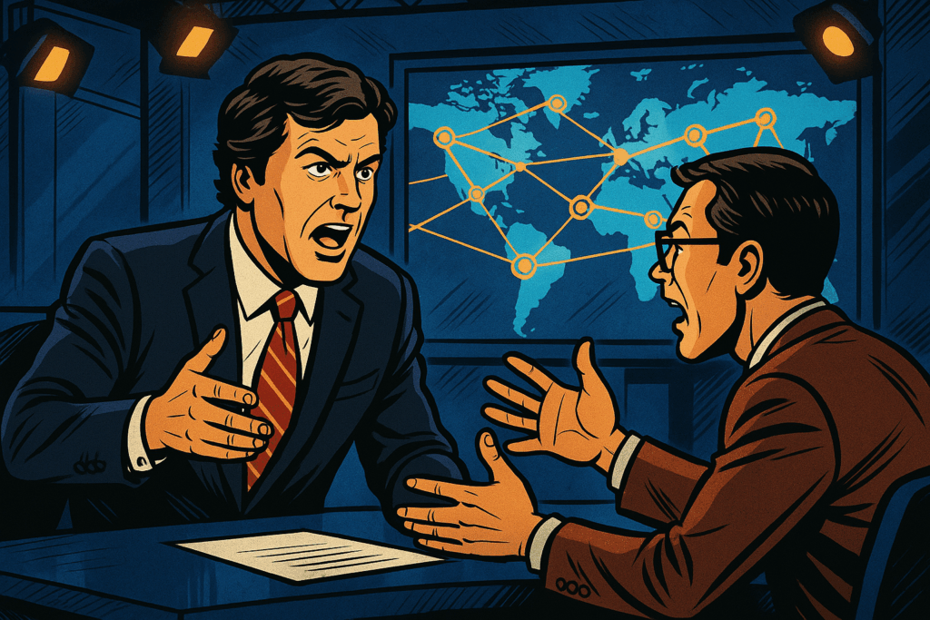 Illustration of a TV anchor and guest in heated debate at a studio desk, with bold colors and abstract screen graphics in the background.