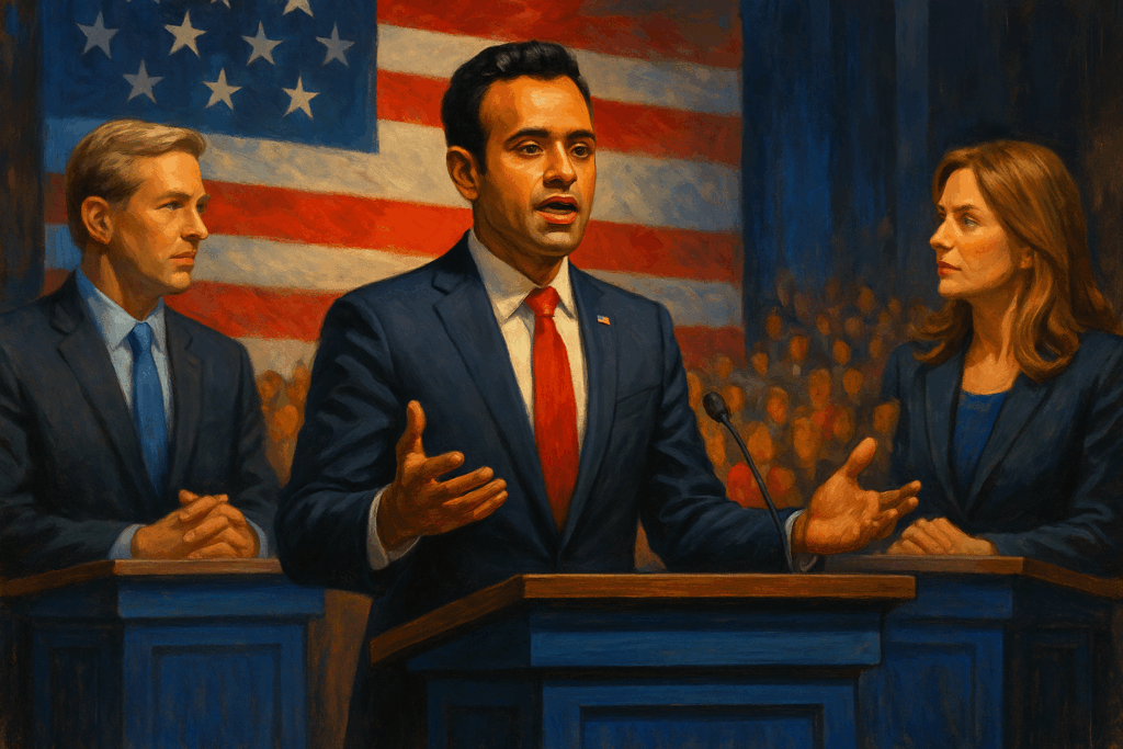 Concept art of Vivek Ramaswamy debating two opponents on stage, standing at a podium under bright lights with an American flag backdrop and audience in the background.