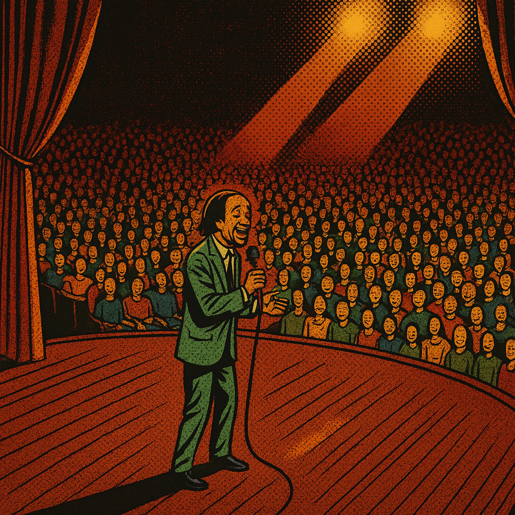 Comic book–style illustration of Katt Williams performing stand-up comedy in a large arena. Viewed from a distance, he stands under bright spotlights on a wide stage in a green suit, holding a microphone, with a massive, smiling audience filling the theater.