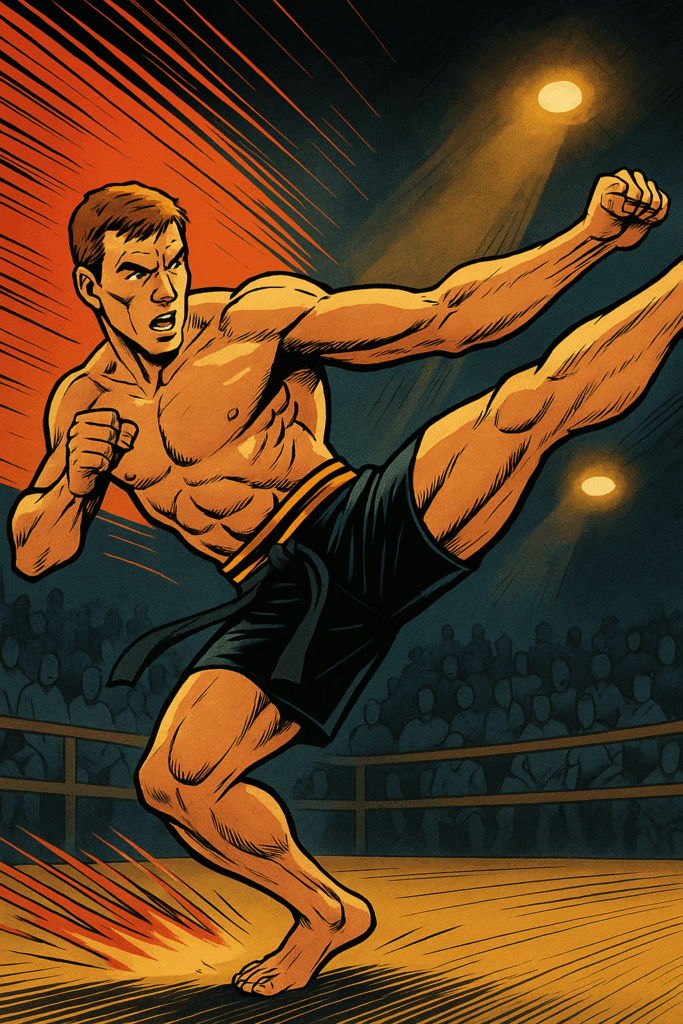 Comic book-style illustration of a fictional martial artist, inspired by the high-energy fighting scenes in Jean-Claude Van Damme’s Bloodsport, delivering a powerful high kick in an arena with bold outlines, dramatic lighting, and motion lines.