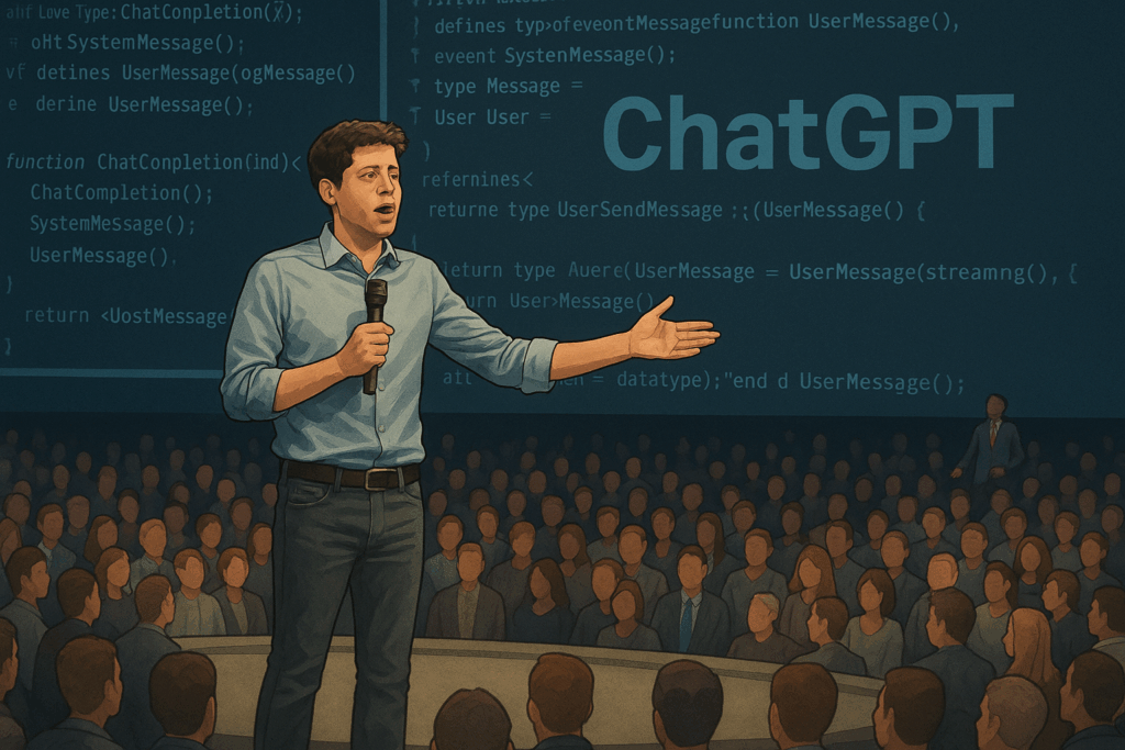 Sam Altman stands confidently in front of a large audience, directing his team while a massive screen behind him displays ChatGPT programming code, symbolizing his role as an INTJ strategist and AI leader.