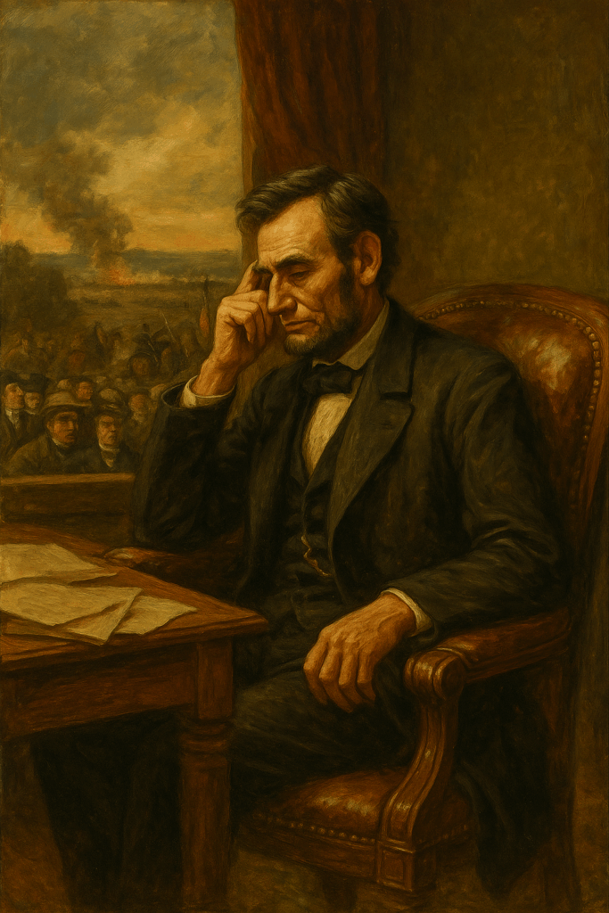 Abraham Lincoln sits in deep reflection during the Civil War, papers on his desk and a war-torn horizon outside.