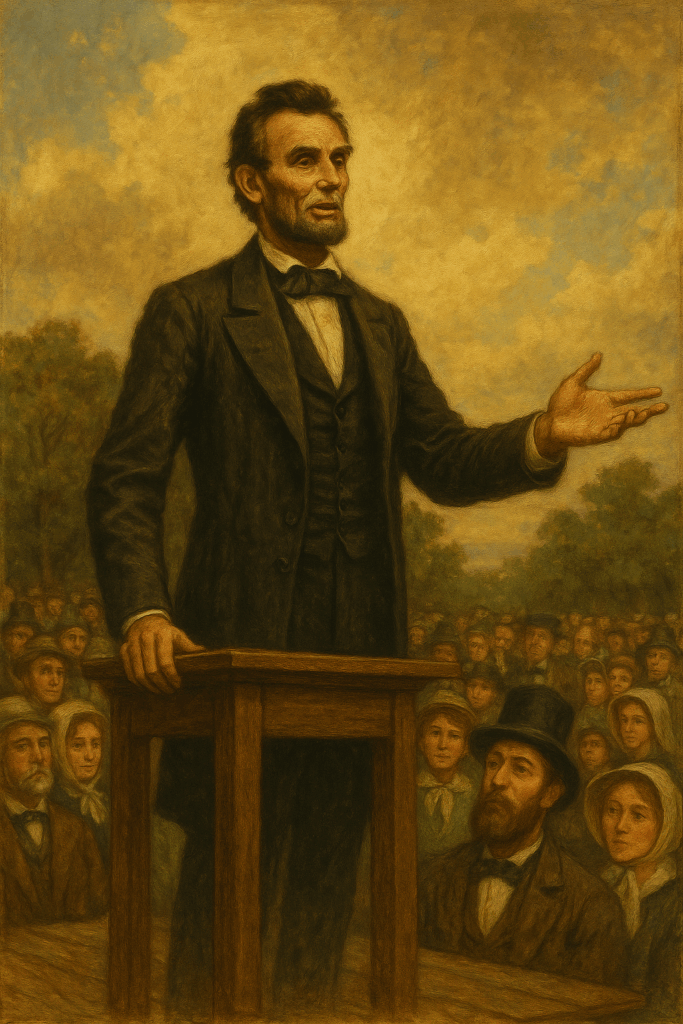 Abraham Lincoln giving a speech outdoors in the 19th century to a crowd in period clothing.