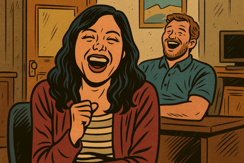 Aubrey Plaza as an INTP-inspired character laughing at a desk while Chris Pratt as an ENFP-inspired coworker laughs in the background of a small-town office.