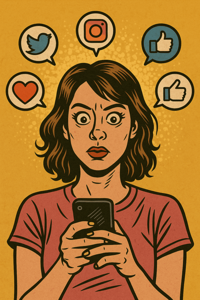 Aubrey holding a smartphone, surrounded by glowing social media icons, reflecting Aubrey Plaza’s offbeat energy in Ingrid Goes West.