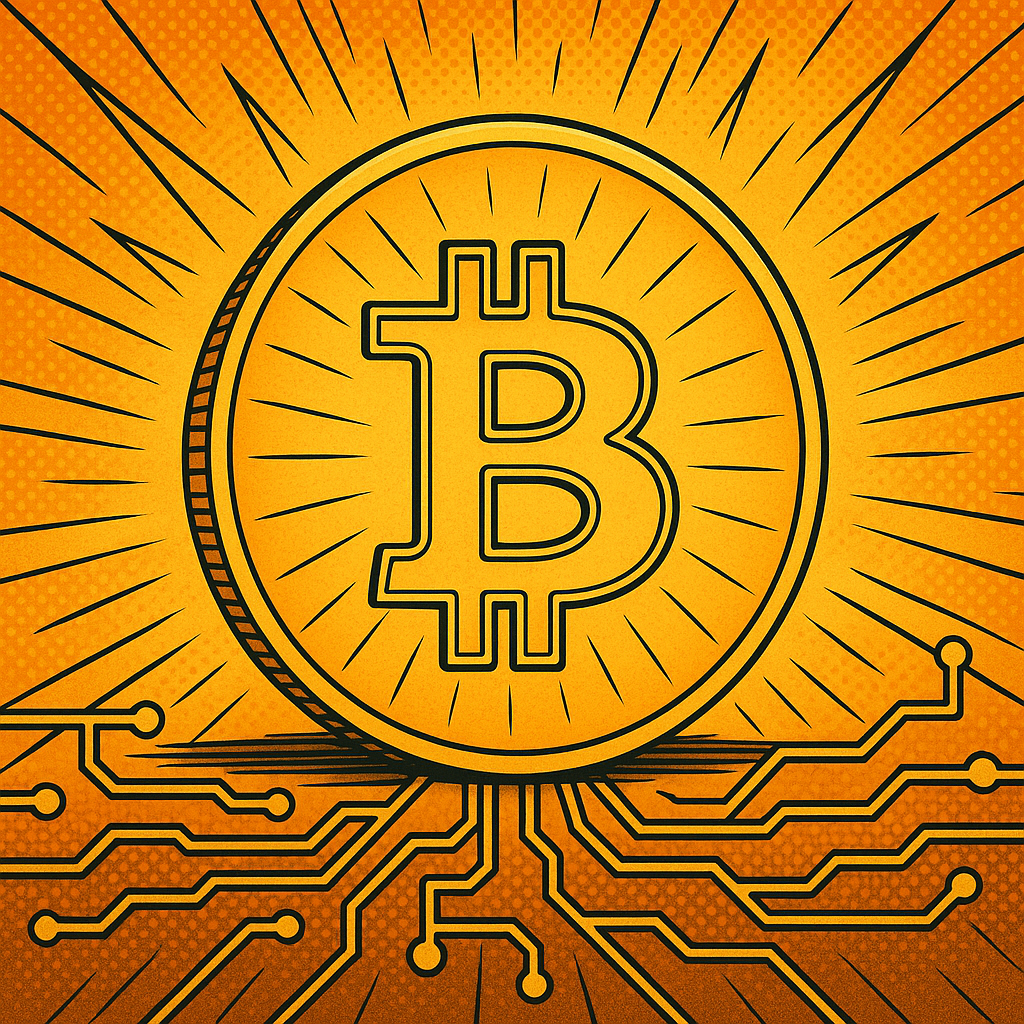 Golden Bitcoin symbol glowing with radiant rays above a digital circuit network, symbolizing power, innovation, and the future of money.