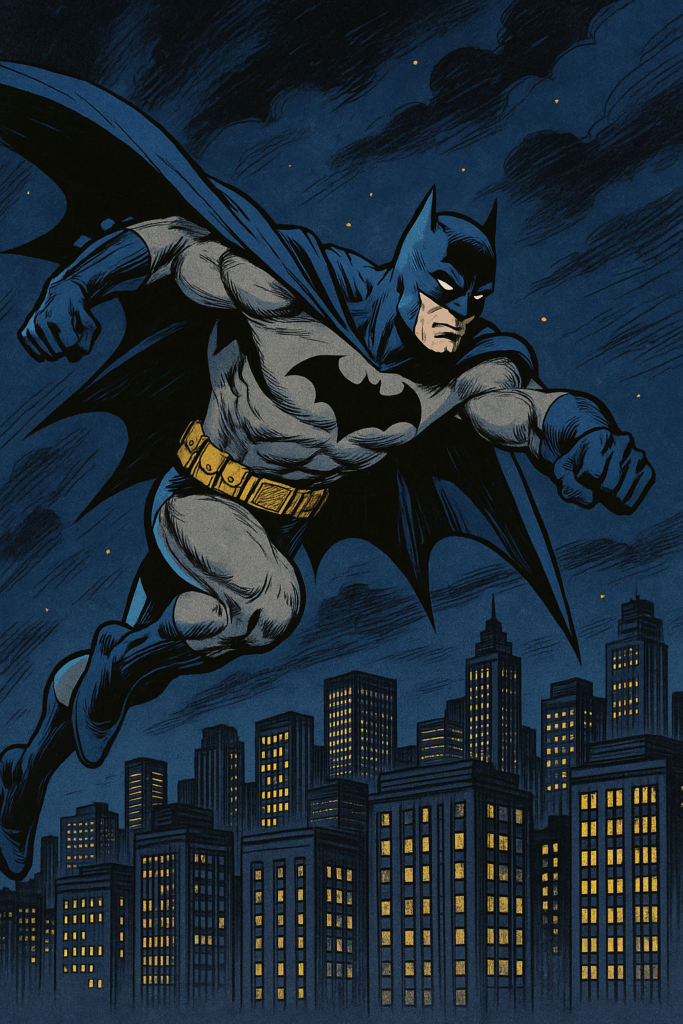 Batman standing on a rooftop above Gotham City at night, cape flowing, symbolizing his INTJ personality traits of strategy, calculation, and detective skill.