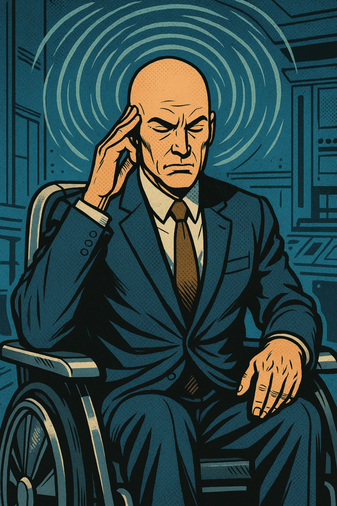 Charles Xavier, Professor X, in a suit seated in a futuristic wheelchair with glowing psychic waves around his head.