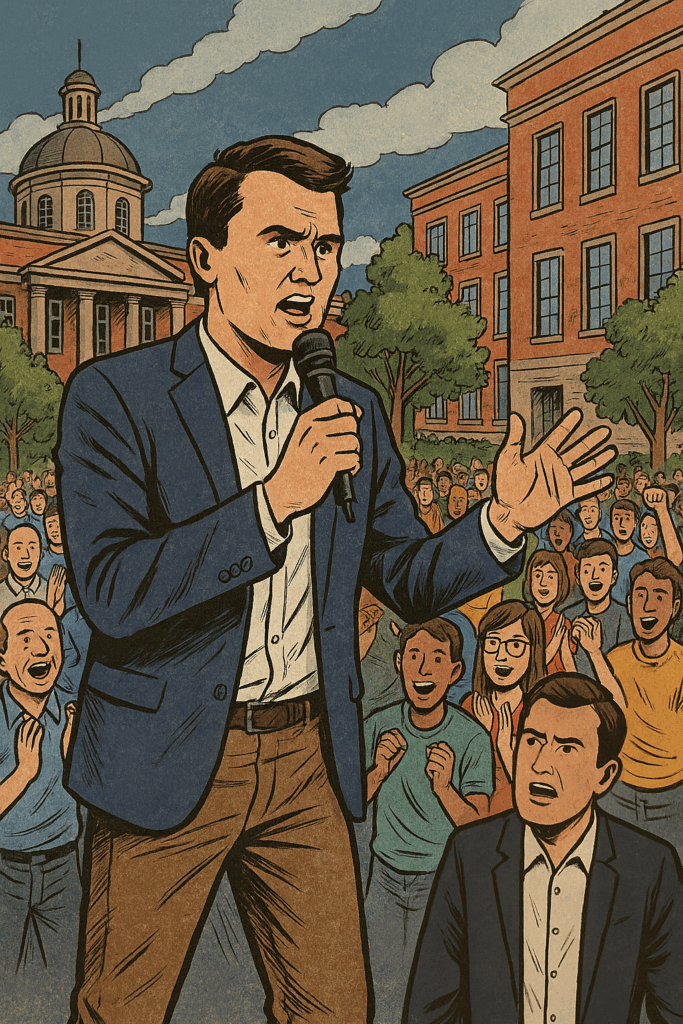 Charlie Kirk speaking at a college campus debate in front of a large student crowd with historic buildings behind him.
