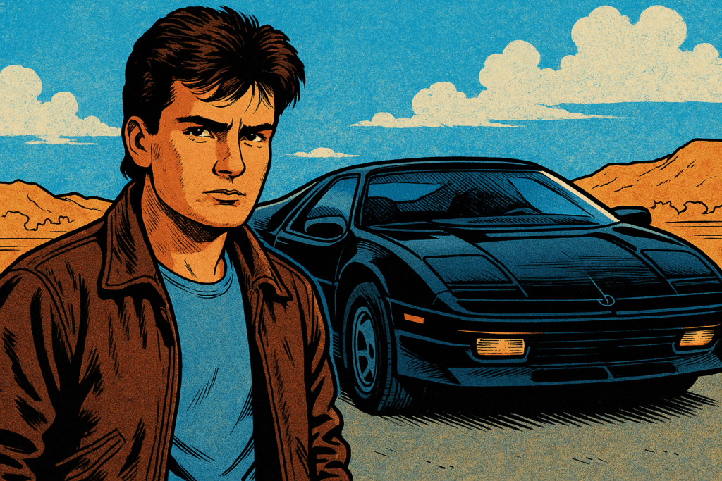 Charlie Sheen in The Wraith standing confidently next to the Dodge M4S Turbo Interceptor under a desert sky.