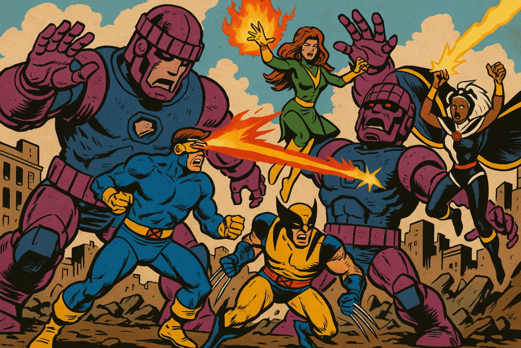 Cyclops blasting Sentinels with his optic beam as Wolverine, Jean Grey, and Storm fight alongside him in a city battlefield.