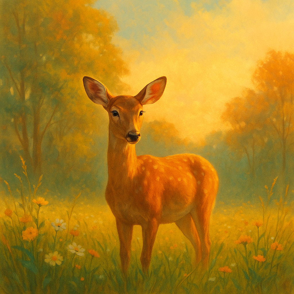 Graceful deer standing in a sunlit meadow with wildflowers, symbolizing the INFP personality’s gentleness, empathy, and inner strength.