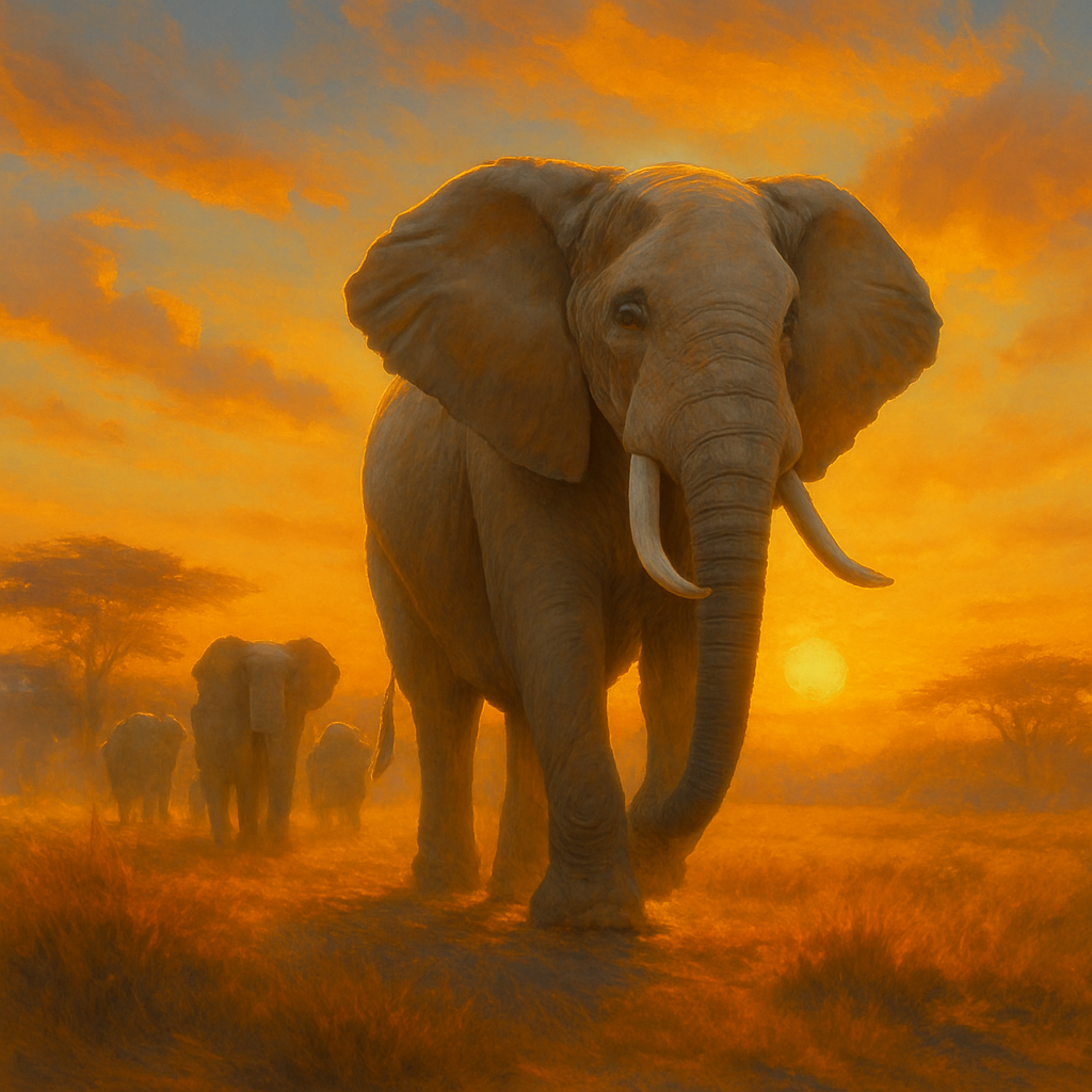 Elephant leading its herd across the savannah at sunrise, symbolizing the ENFJ personality’s wisdom, compassion, and protective leadership.