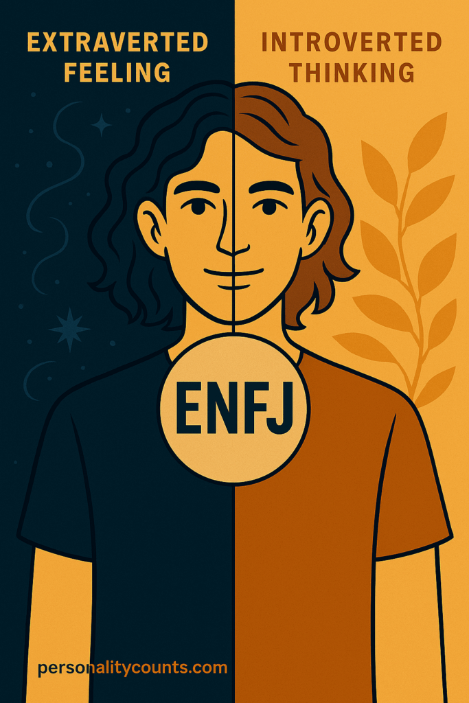 Split illustration of an ENFJ personality, with Extraverted Feeling shown in warm colors and social imagery on the left, Introverted Thinking shown in cool tones with logical symbols on the right, and subtle Si details in the background.