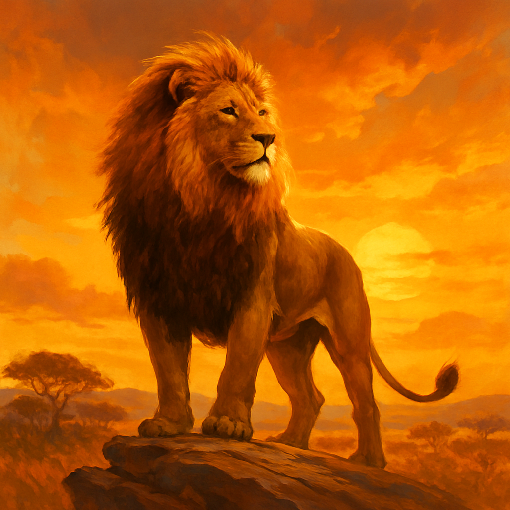 Powerful lion standing on a rocky ledge at sunset, symbolizing the ENTJ personality’s strength and leadership.